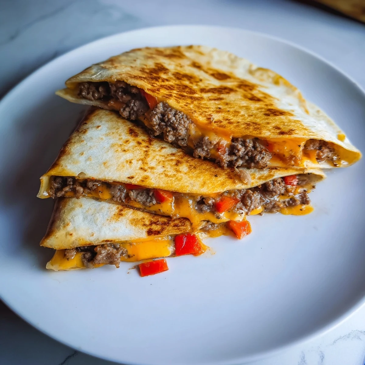 Warm, golden Beef Quesadillas, brimming with melted cheese and savory beef filling, drizzled with fresh salsa.