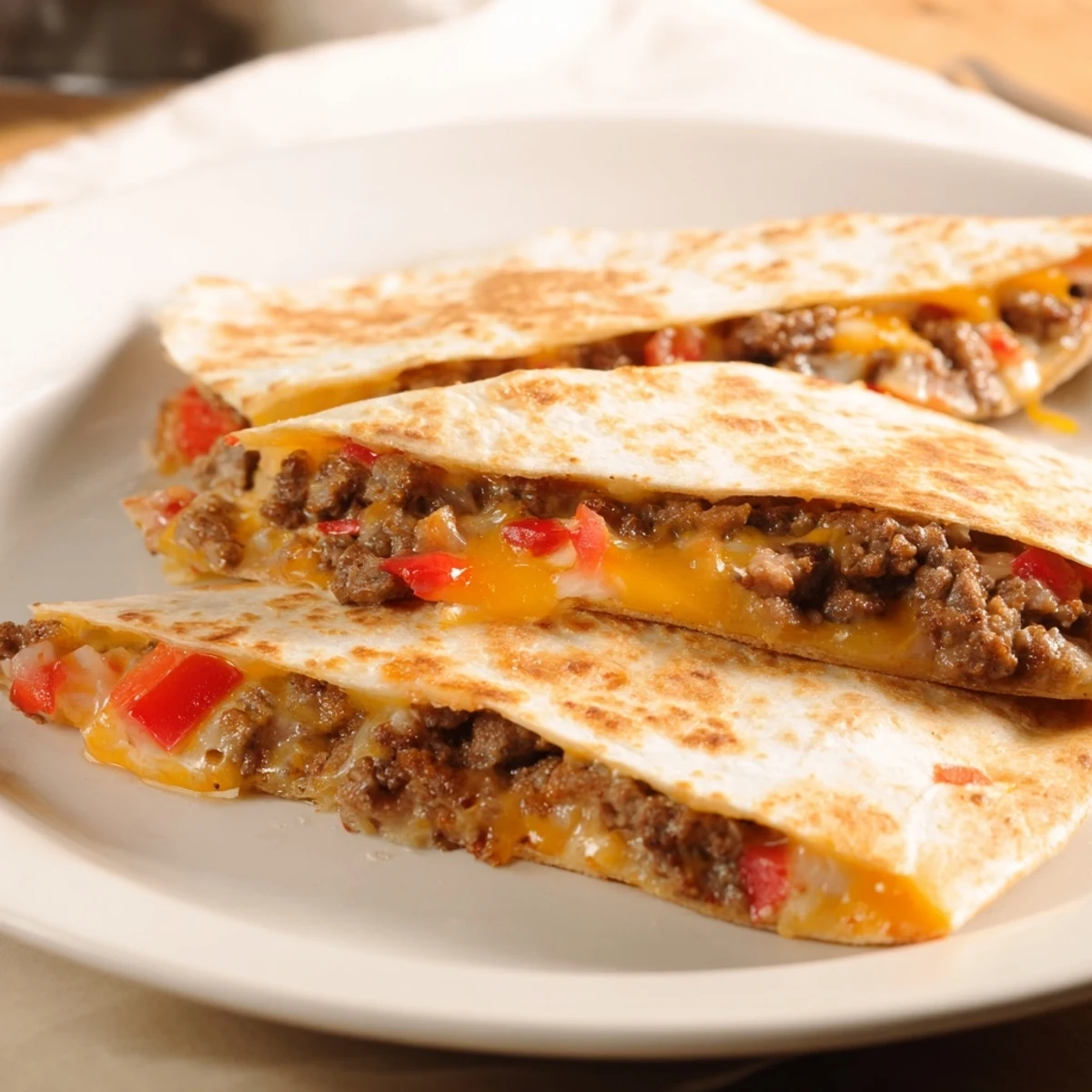A close-up shot of crispy Beef Quesadillas, served with vibrant guacamole, offering a delicious Tex-Mex flavor.