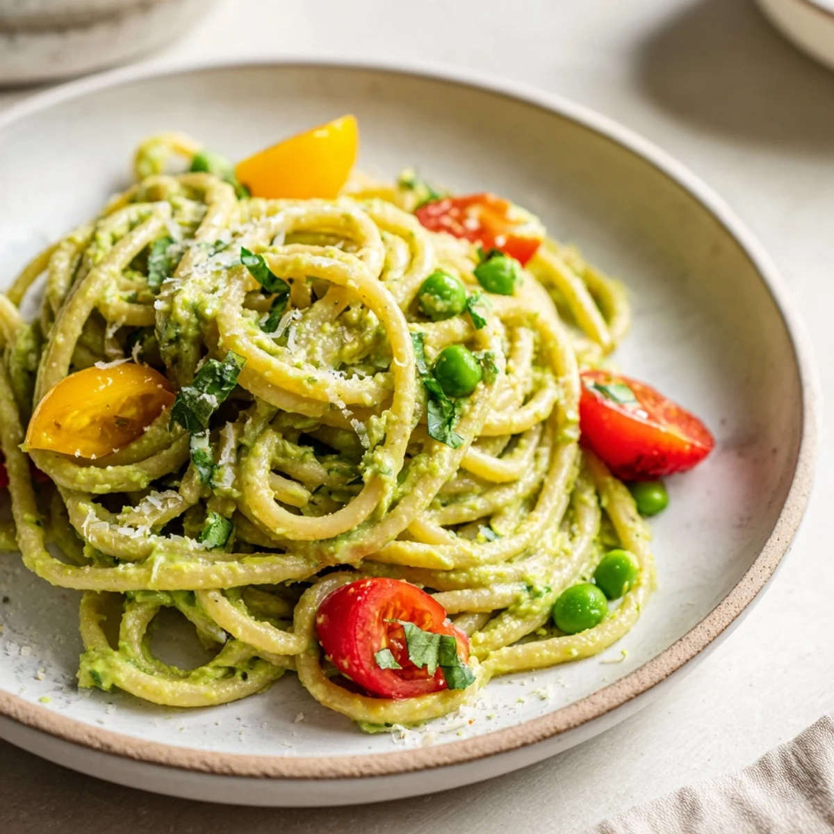 A bowl of fresh creamy avocado lime pasta, garnished with cilantro and Parmesan cheese.