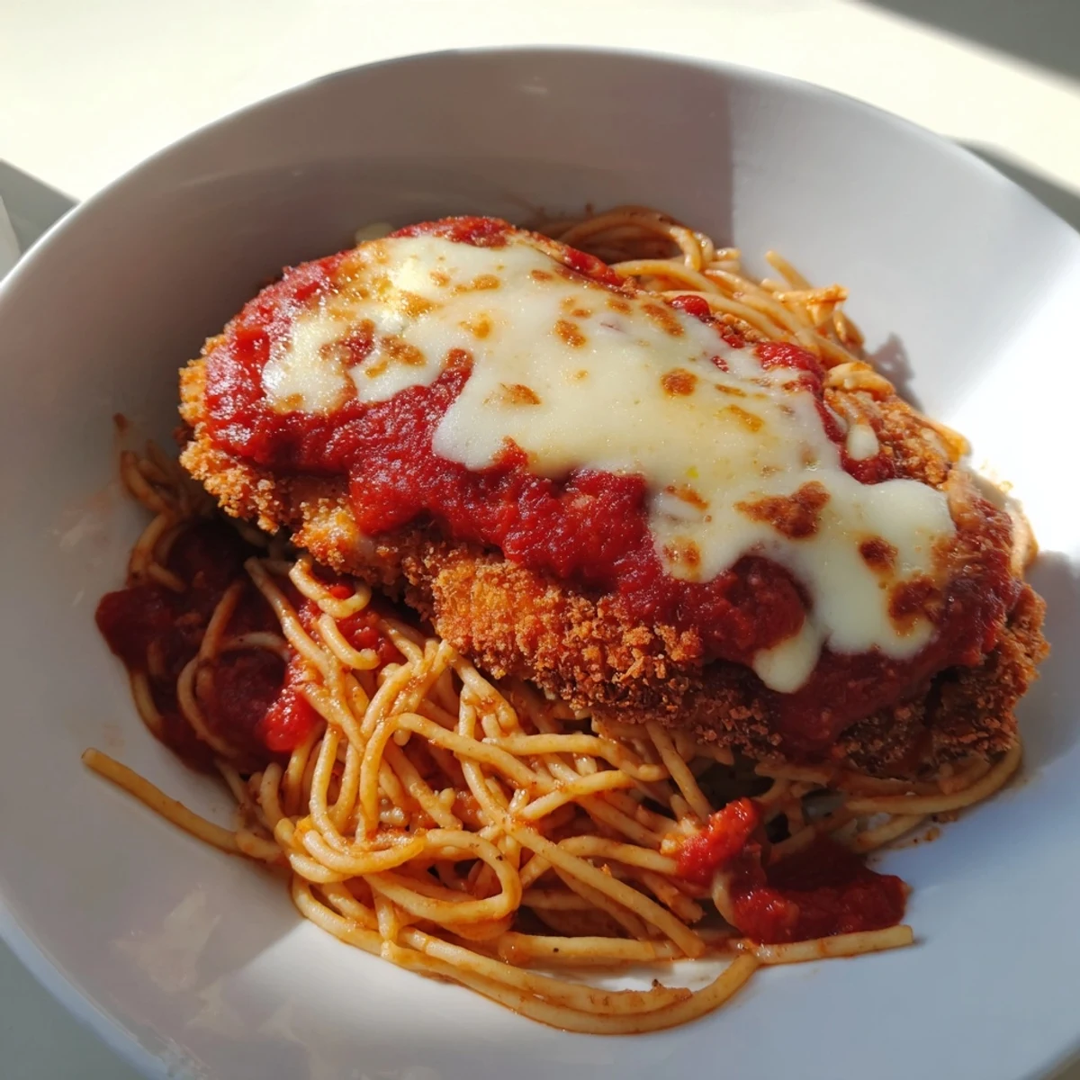 A close-up of cheesy Chicken Parmesan, showing crispy chicken, and fragrant marinara over spaghetti.