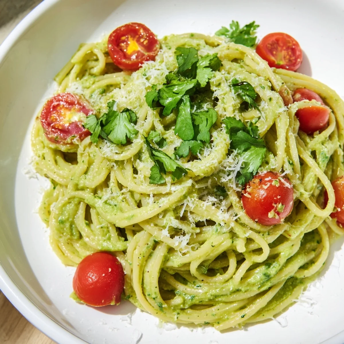 A bowl of fresh creamy avocado lime pasta, garnished with cilantro and Parmesan cheese.