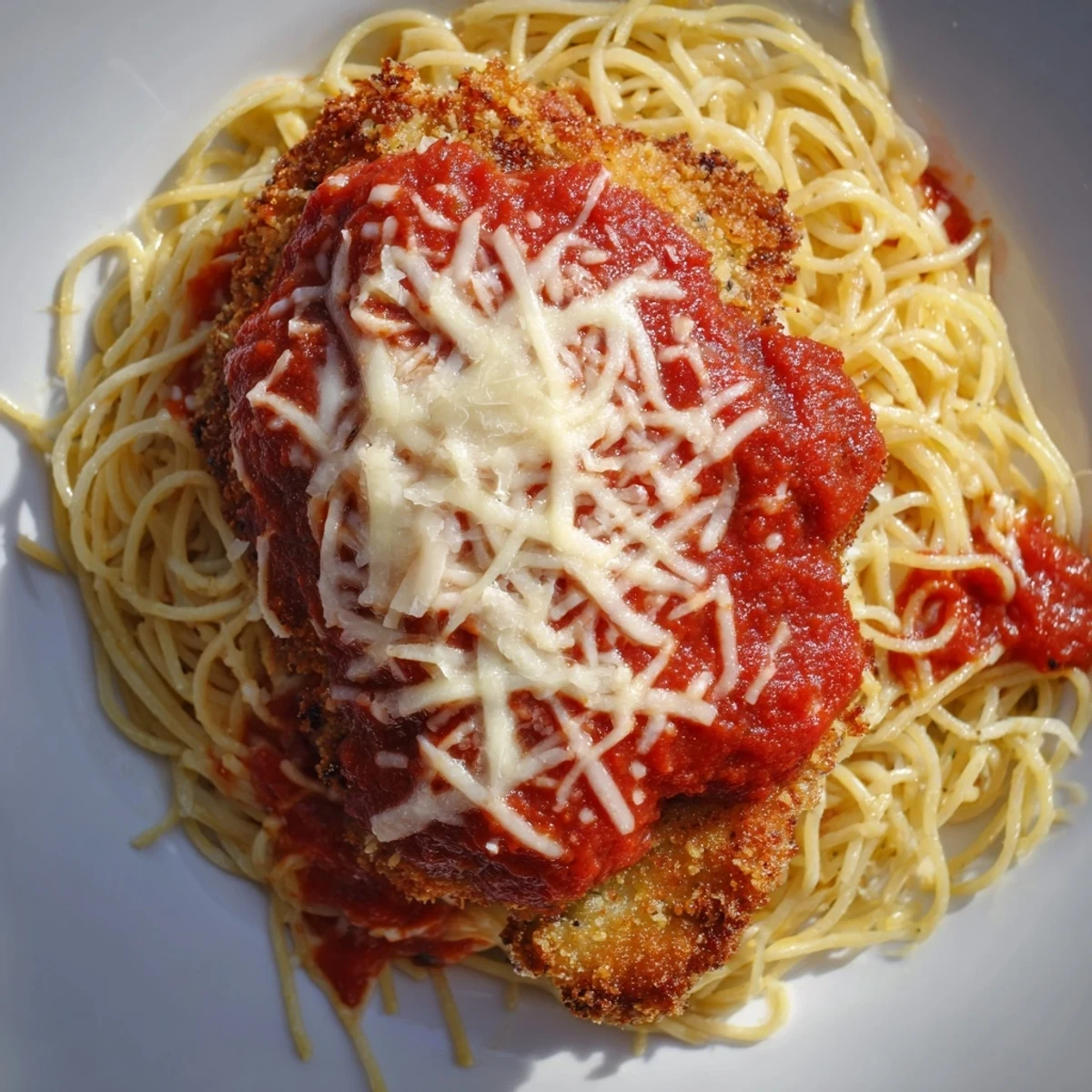 A close-up of cheesy Chicken Parmesan, showing crispy chicken, and fragrant marinara over spaghetti.