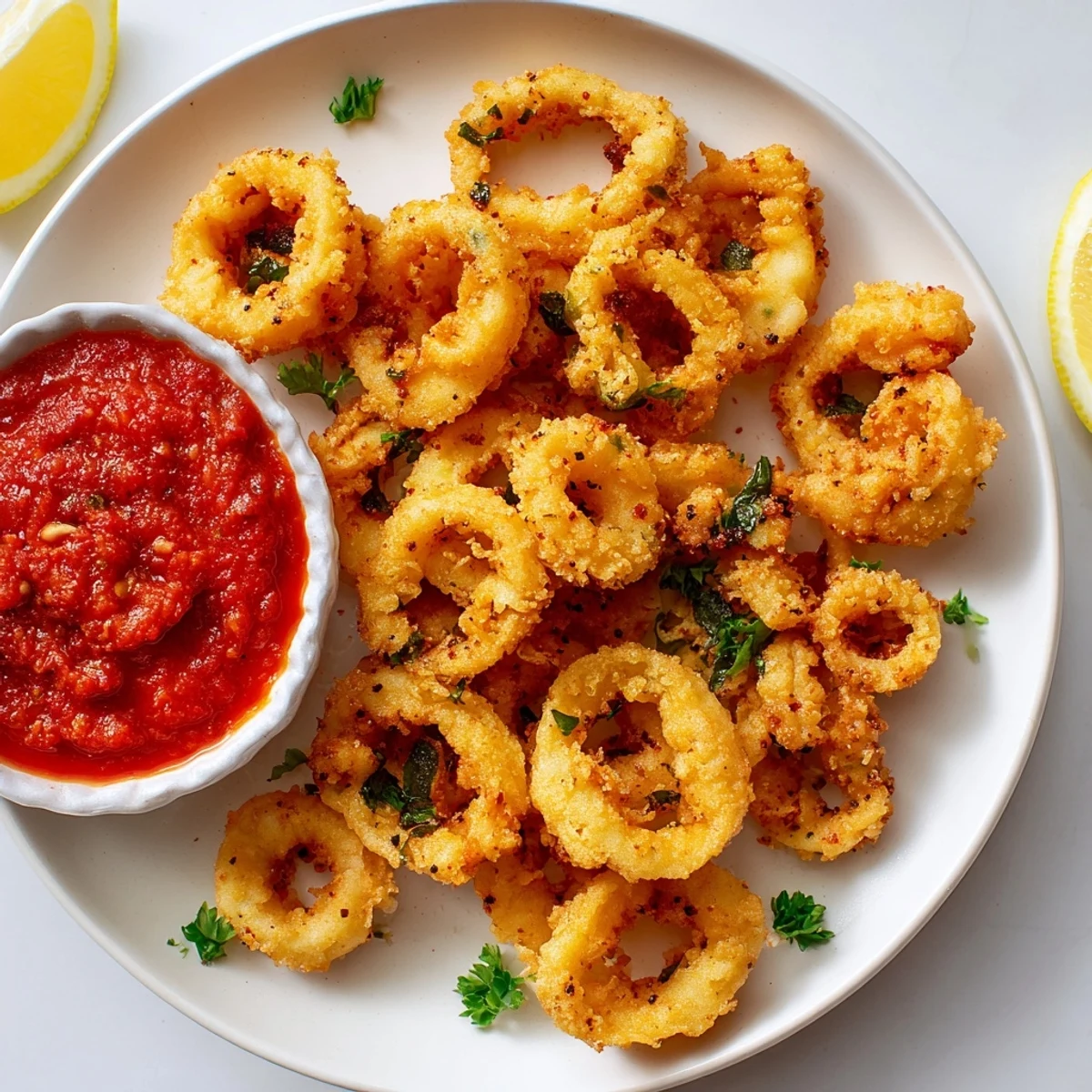 Delicious, golden-brown crispy calamari appetizer seasoned, ready with warm marinara, for a great meal.