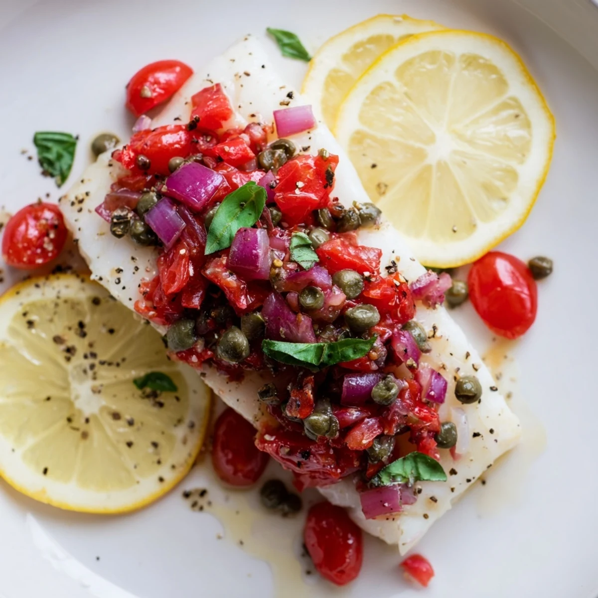 Golden baked halibut fillets, glistening with olive oil, topped with savory tomato-basil relish.