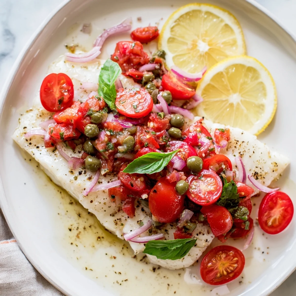 Baked halibut with vibrant tomato basil relish, ready to serve with flaky white fish, looks delicious.