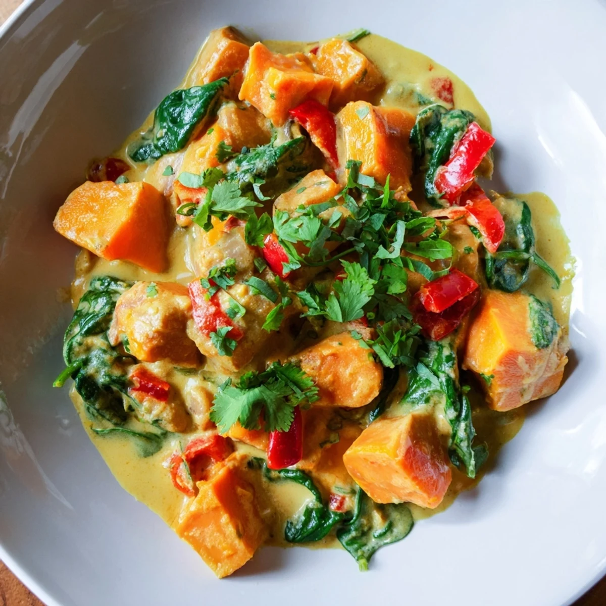 Steaming Vegan Sweet Potato Curry with spinach, garnished with fresh cilantro and a bright lime wedge.