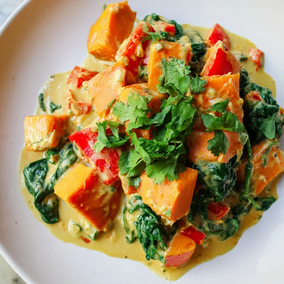 A close-up of a flavorful Vegan Sweet Potato Curry, showcasing tender sweet potatoes in a creamy broth.
