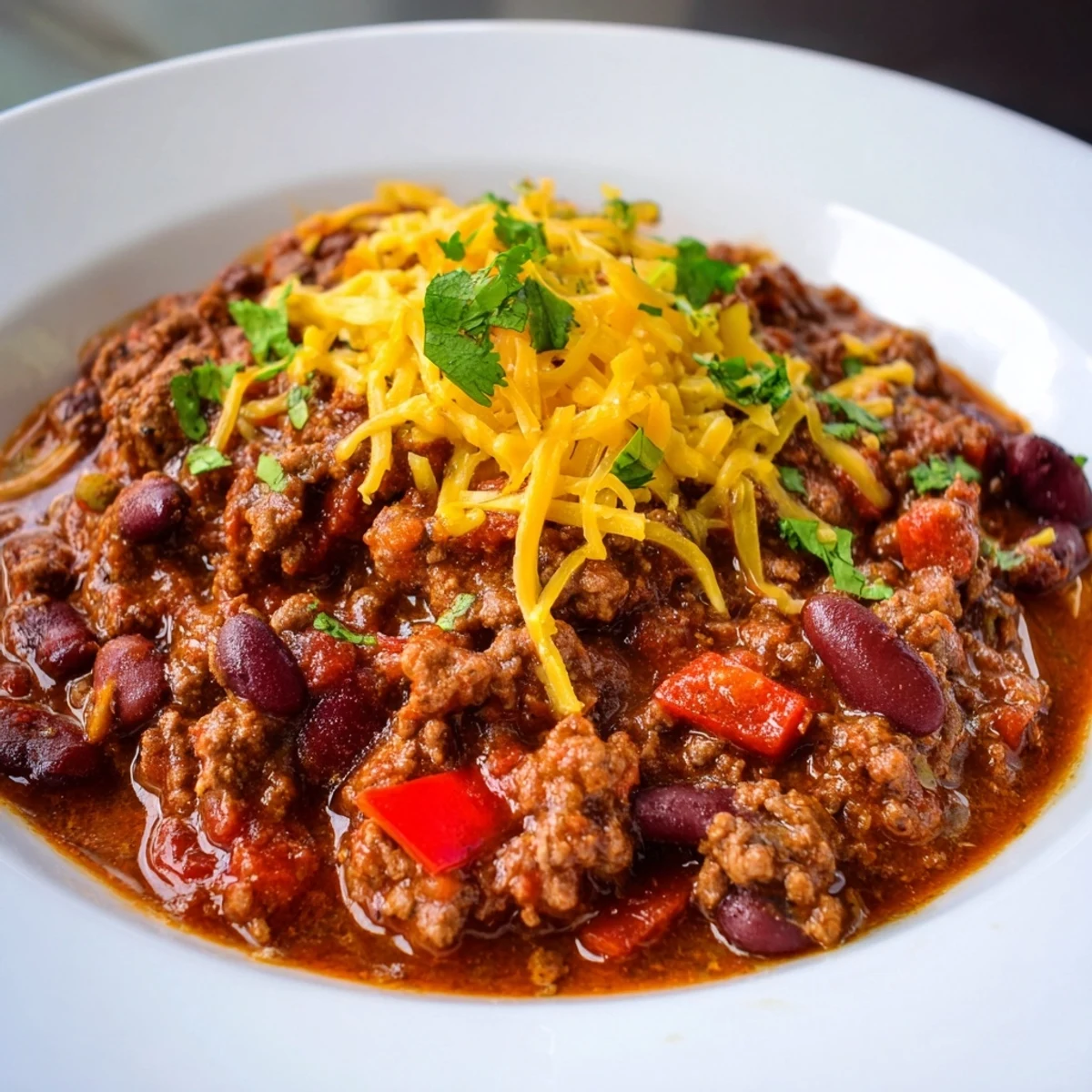 A close-up of a bowl of rich Beef and Bean Chili, simmered and topped with melted cheddar.