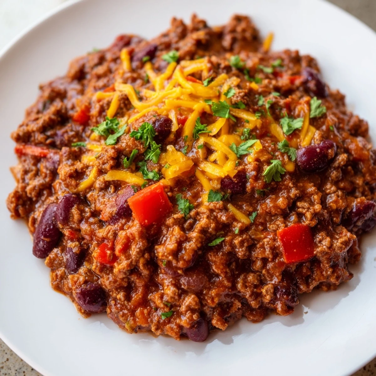 Steaming, cheesy Beef and Bean Chili in a bowl, ready to enjoy with a sprinkle of fresh cilantro.