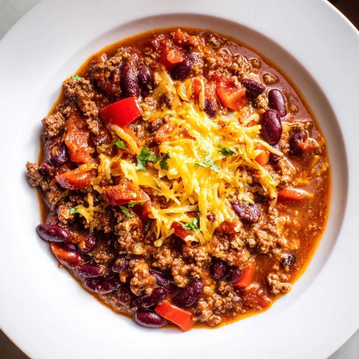 Hearty Beef and Bean Chili with savory ground beef and beans, perfect for a warming meal.