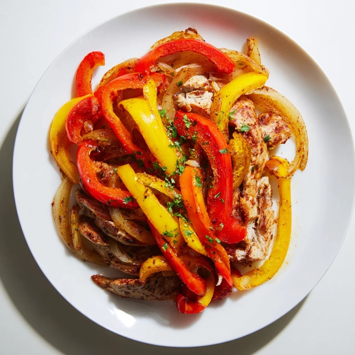 Sheet pan chicken fajitas bursting with color, ready to eat alongside warm tortillas and lime wedges.