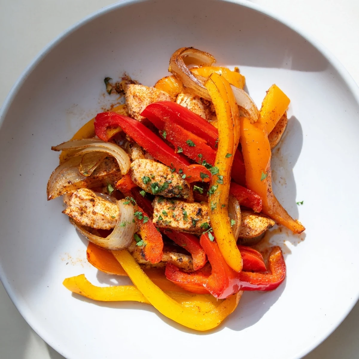 Golden sheet pan chicken fajitas, featuring tender chicken, peppers, and onions seasoned to perfection.