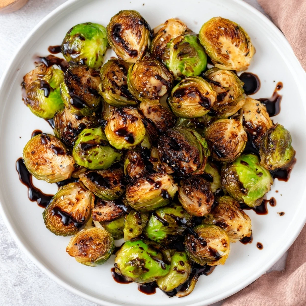 Golden-brown roasted Brussels sprouts with balsamic glaze, a flavorful vegetarian side you'll love.