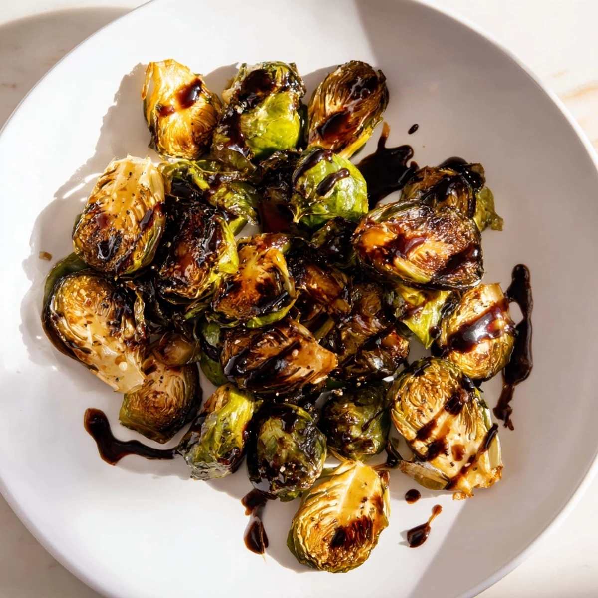 Crispy roasted Brussels sprouts in balsamic glaze, glistening, with caramelized edges and inviting aroma.