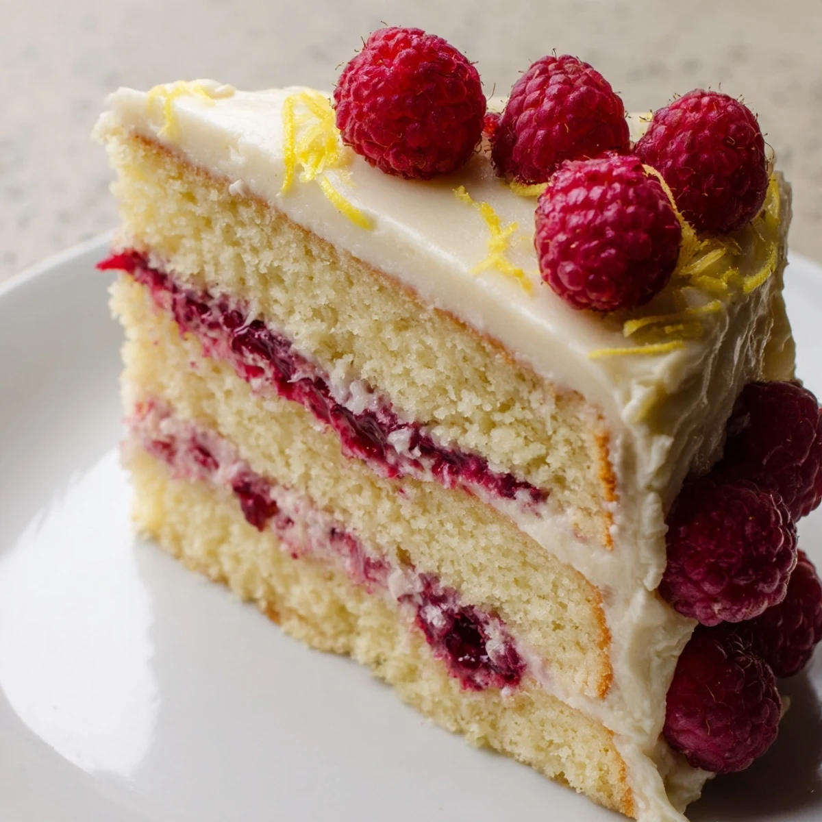 A beautifully layered Lemon Raspberry Layer Cake, frosted with creamy richness and adorned with fresh berries.