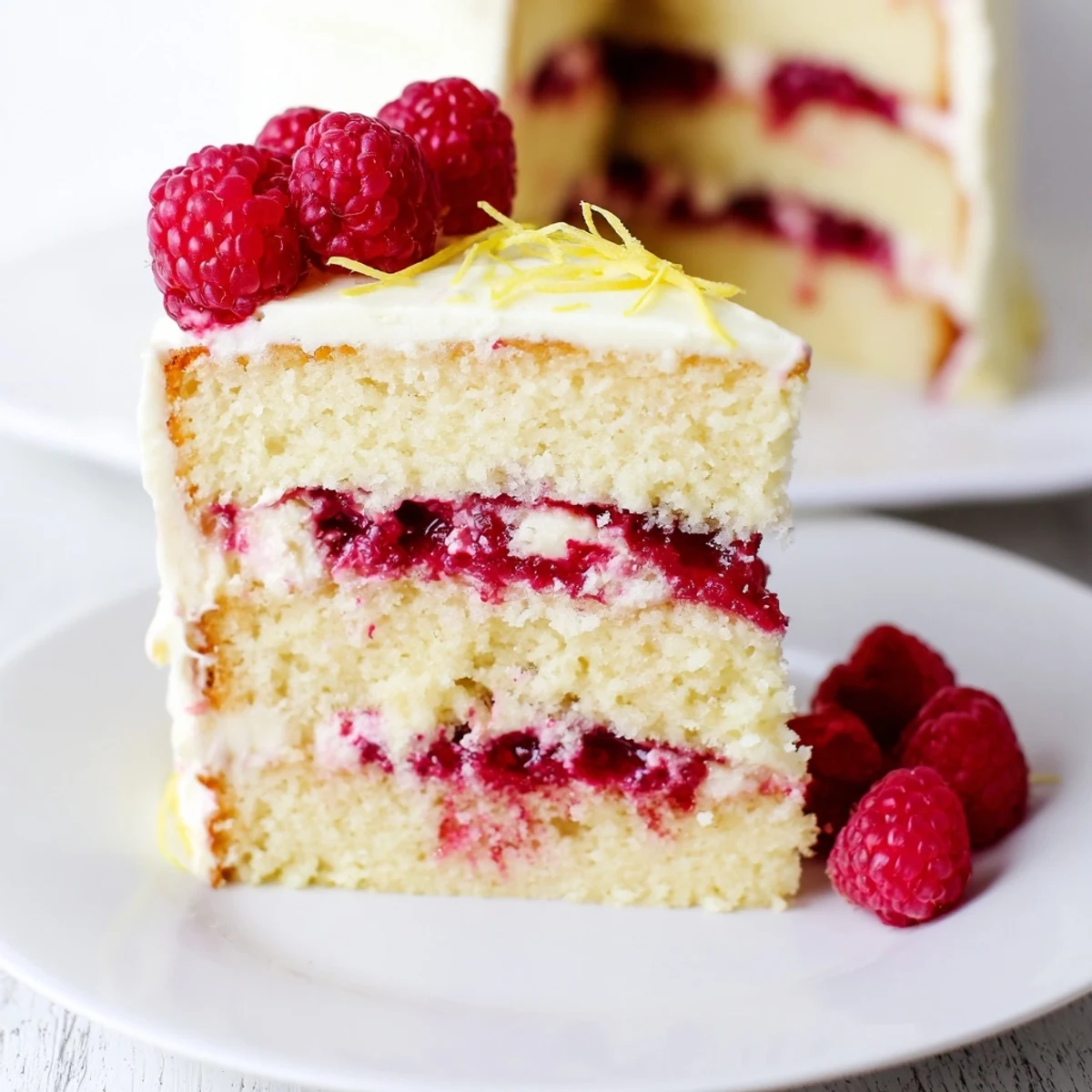 Close-up of a slice, showing off the fluffy lemon sponge and fresh raspberry filling of the cake.