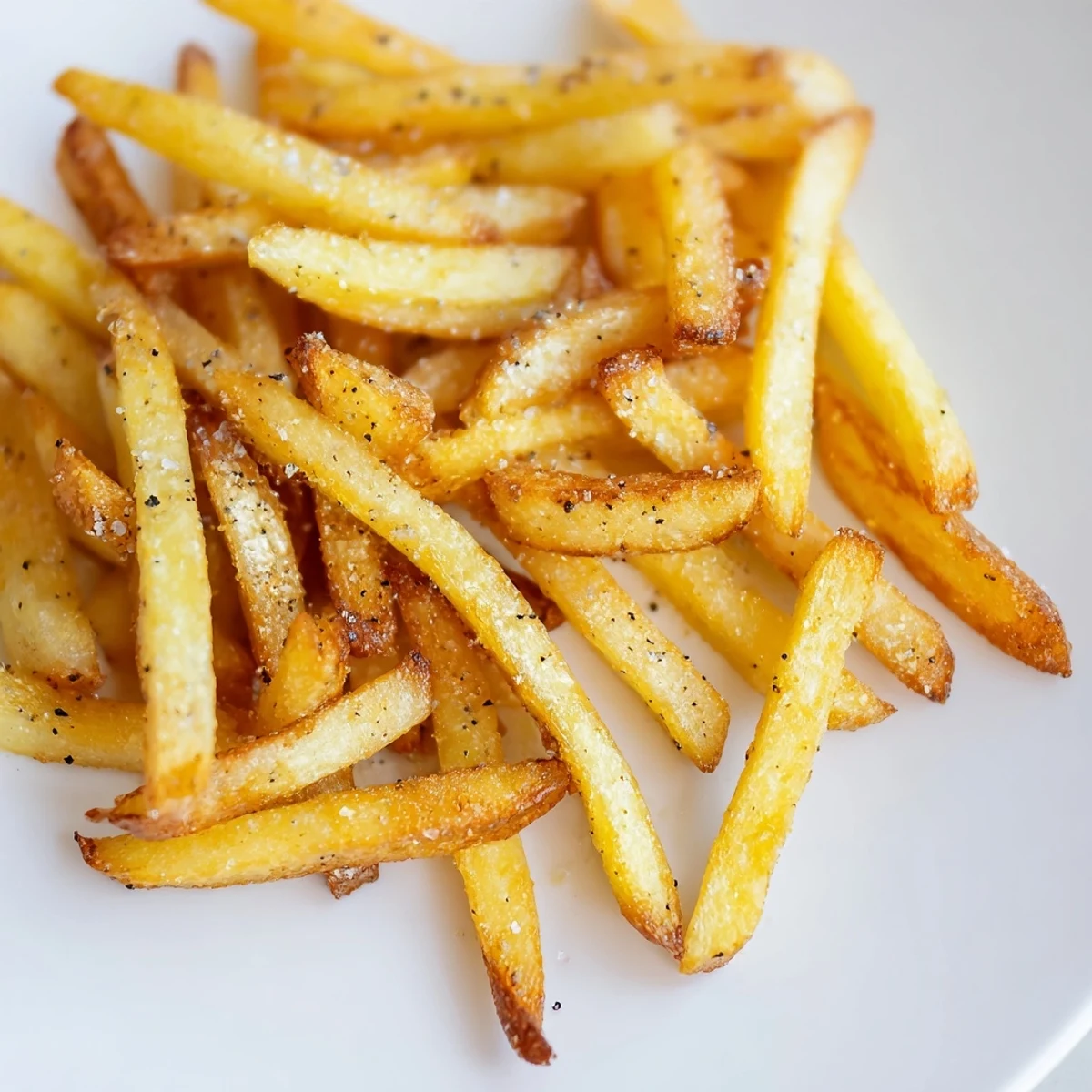 Golden-brown Crispy Air Fryer French Fries with Sea Salt are piled high on a white plate beside a small bowl of ketchup.