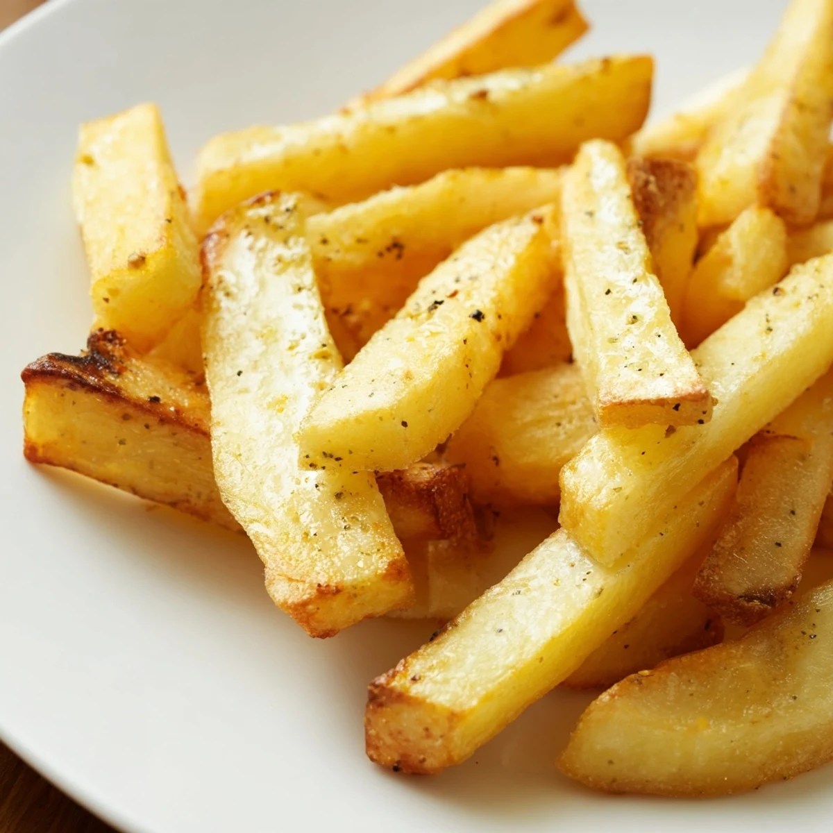Close-up view of Crispy Air Fryer French Fries with Sea Salt highlighting the crunchy texture and shimmering salt crystals on the potato skin.