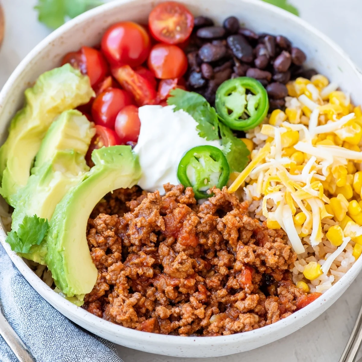 Ground beef seasoned with chili and cumin sits atop fluffy cilantro lime rice in this hearty Beef Burrito Bowl.