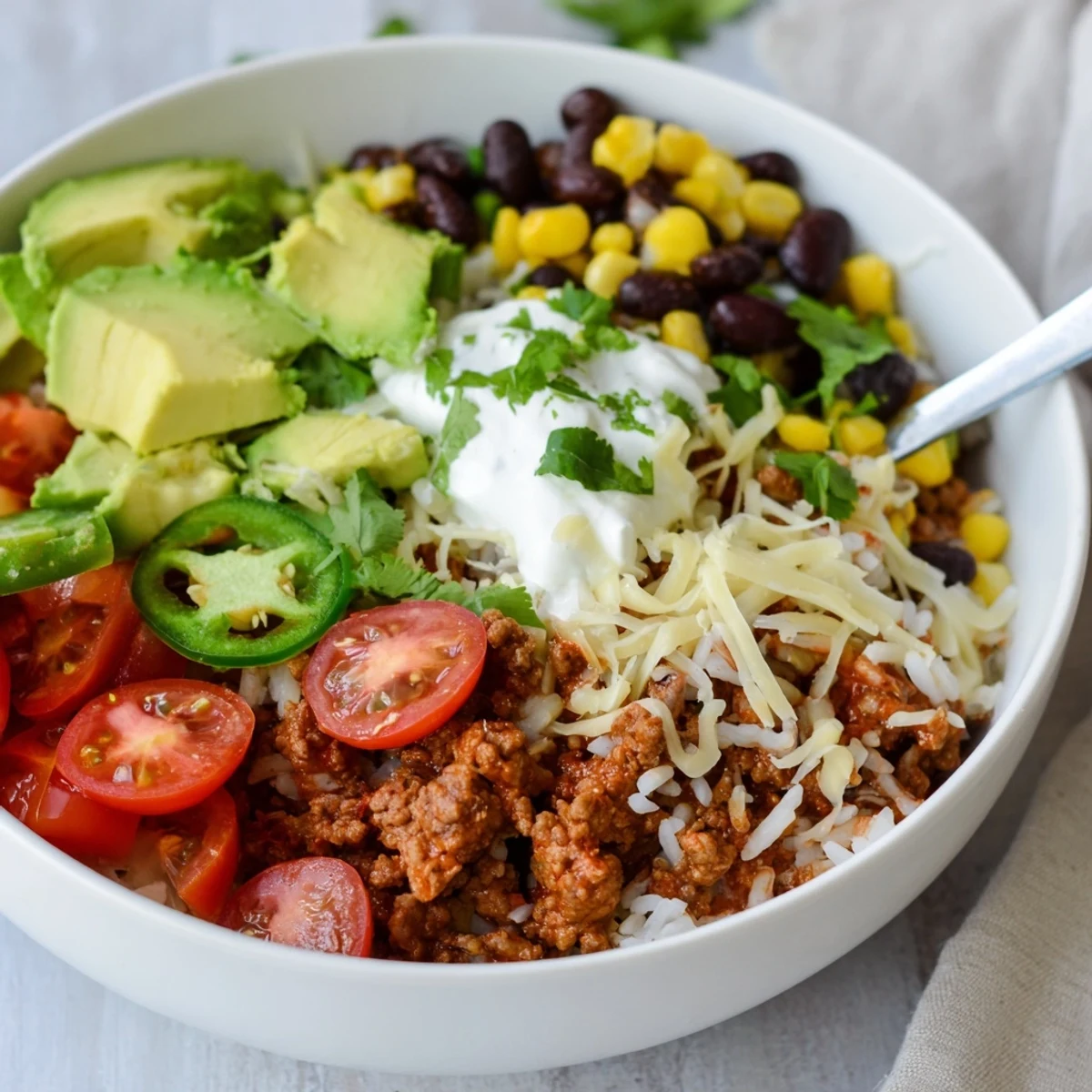 A colorful serving of Beef Burrito Bowls with Cilantro Lime Rice, corn, black beans, and creamy avocado slices.
