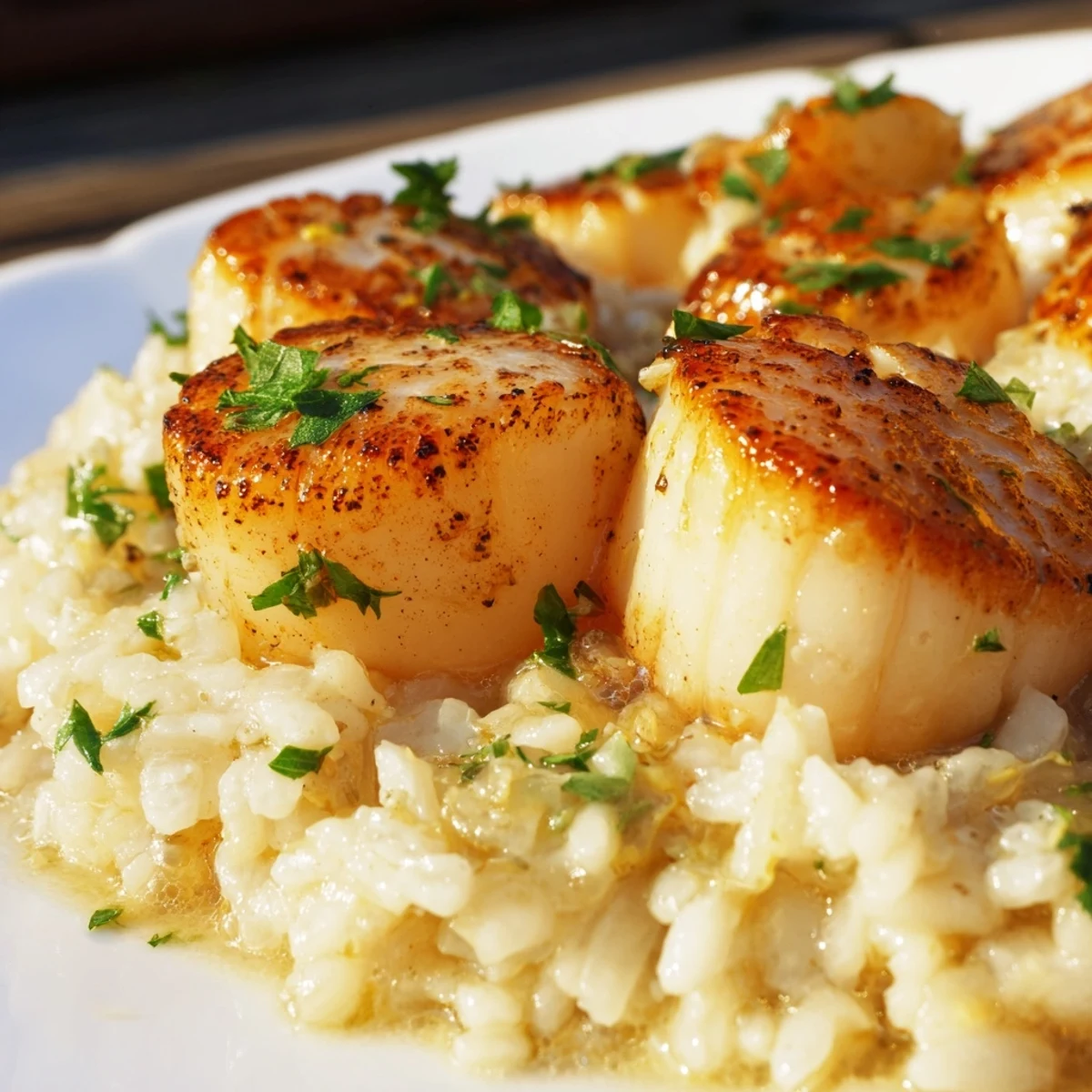 Golden-brown seared scallops in a lemon-garlic butter sauce, served over creamy Parmesan risotto garnished with fresh parsley on a white plate.