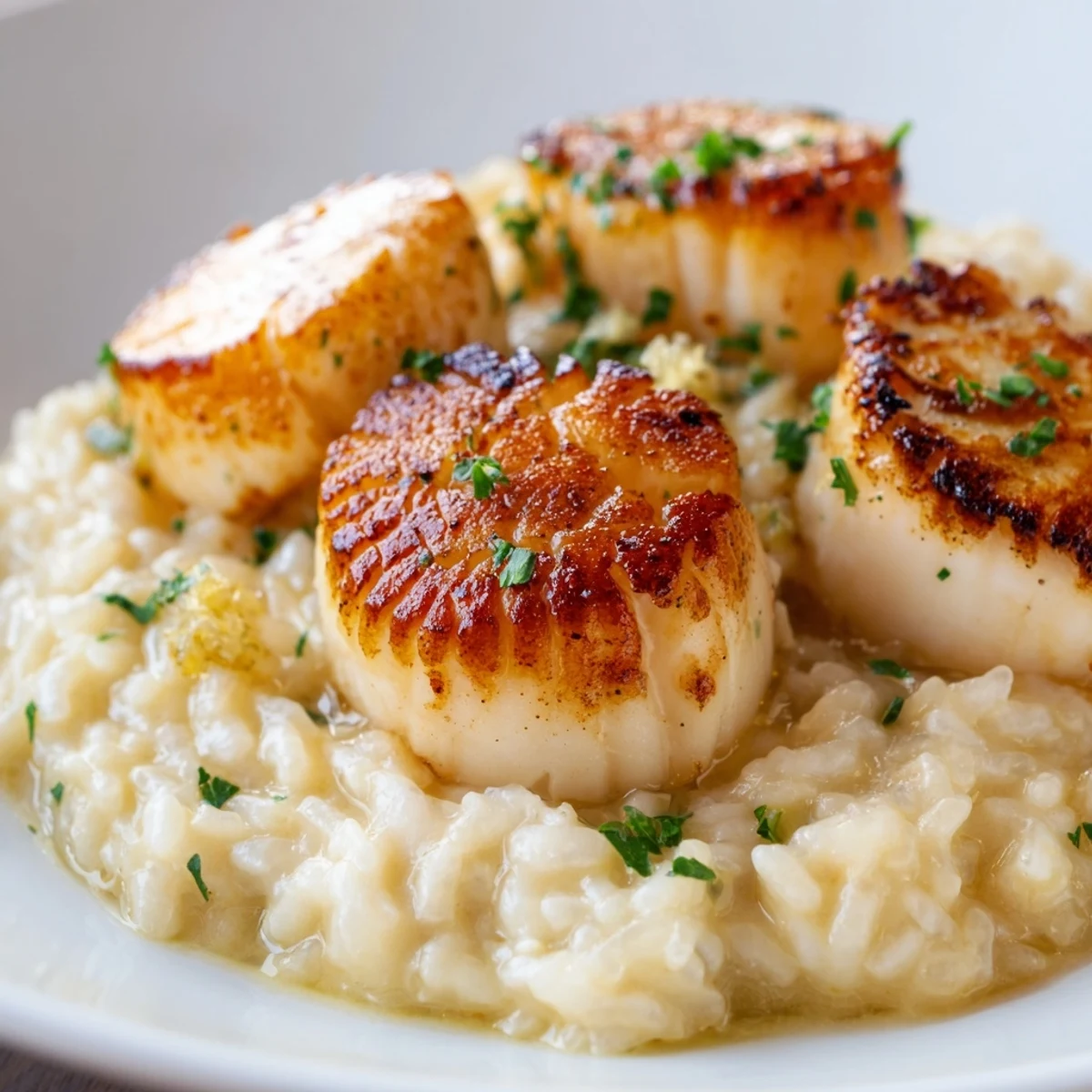A close-up of Lemon Garlic Scallops with Creamy Risotto, highlighting the tender scallops and rich, cheesy texture of the Italian-inspired main dish.