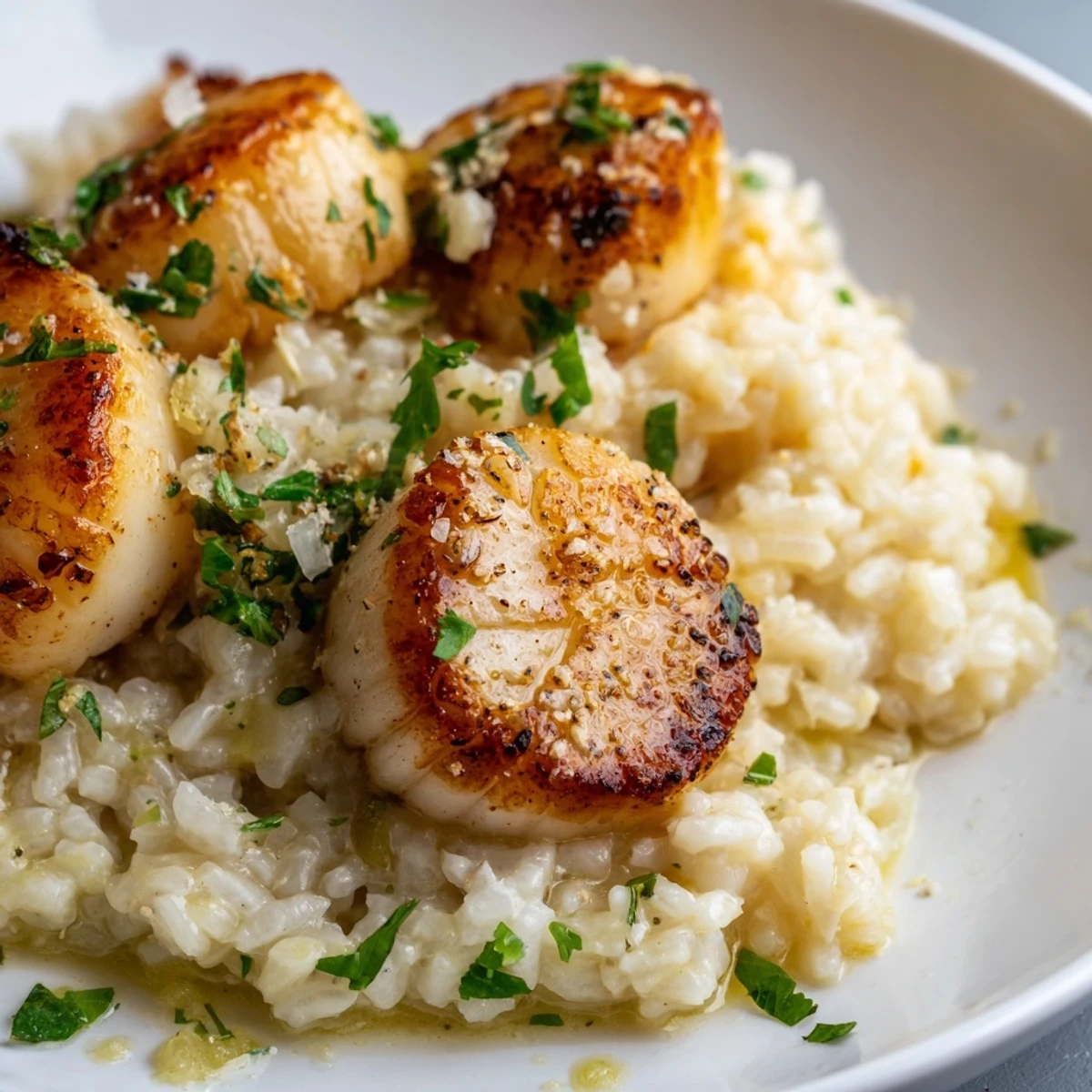 Elegant Lemon Garlic Scallops with Creamy Risotto plated on a dark table, ready to be paired with a glass of crisp white wine.