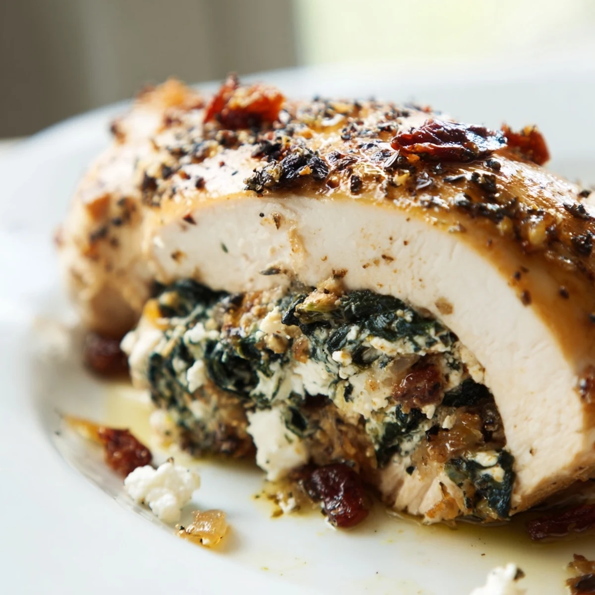 Golden Spinach and Feta Stuffed Chicken Breast resting in a baking dish next to a colorful salad.