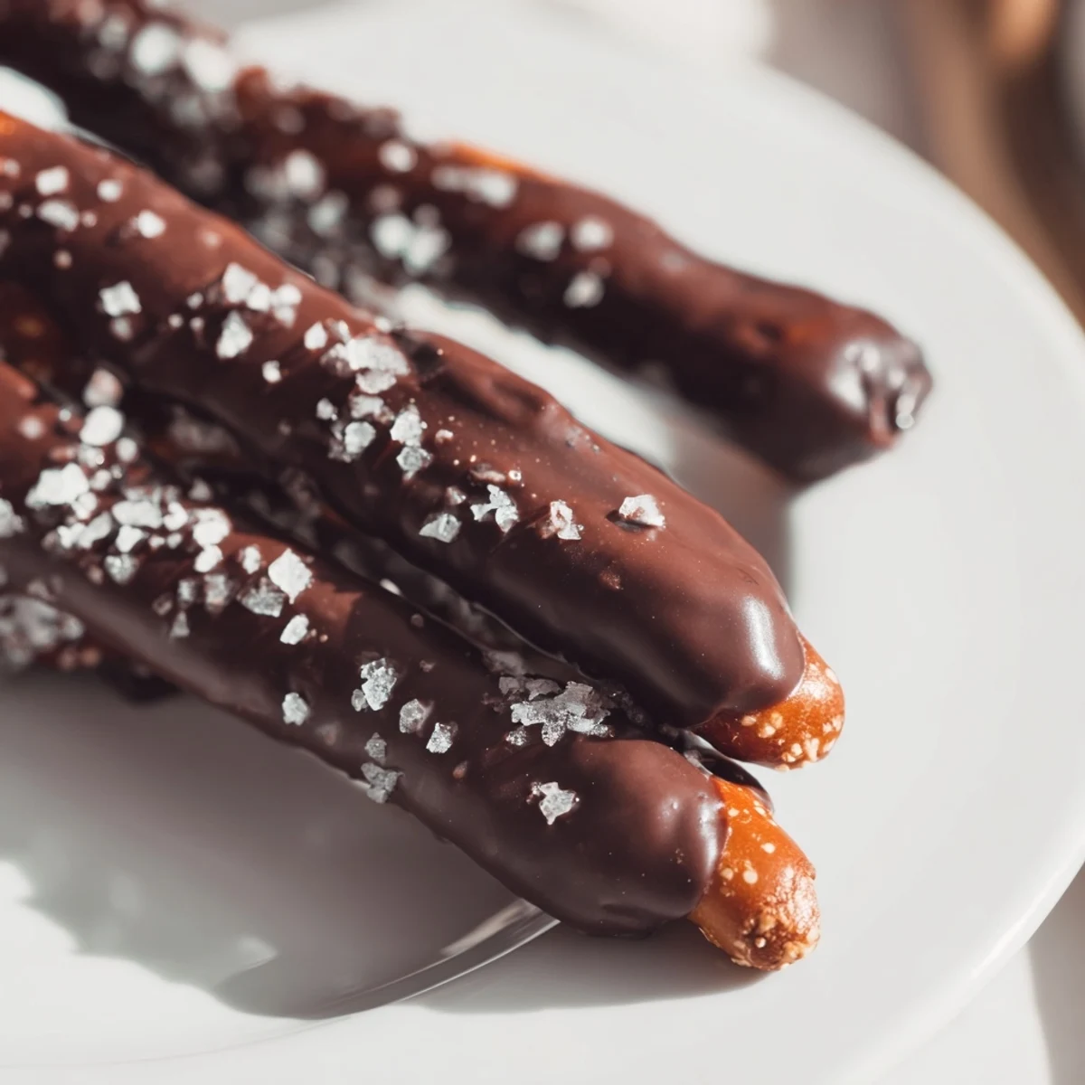 Glossy Chocolate Dipped Pretzels with Sea Salt lined on parchment paper after dipping.