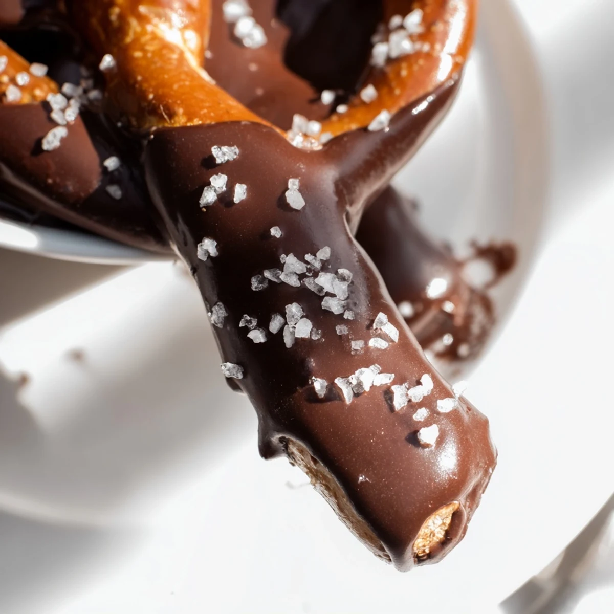Large pretzel rods coated in rich dark chocolate and sprinkled with flaky sea salt.