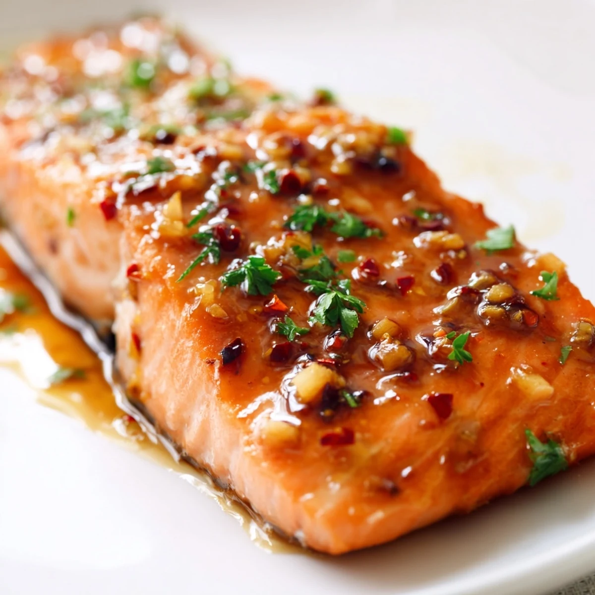 Freshly baked Baked Salmon with Honey Garlic Glaze brushed with glossy sauce, served alongside roasted asparagus. 