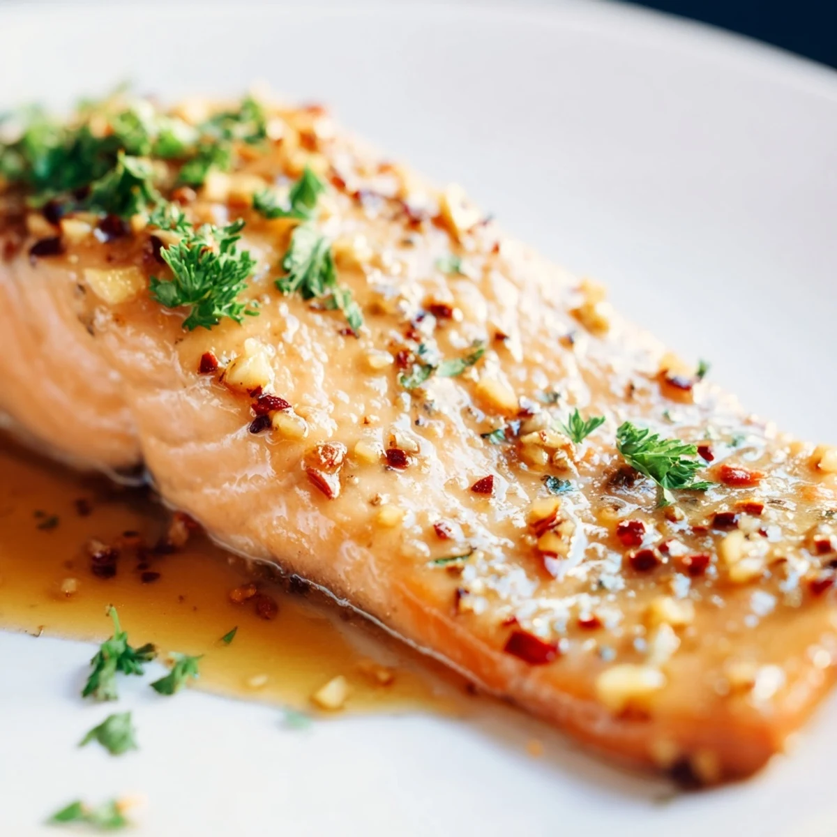 Golden-brown Baked Salmon with Honey Garlic Glaze on a white plate, garnished with fresh parsley and lemon wedges. 