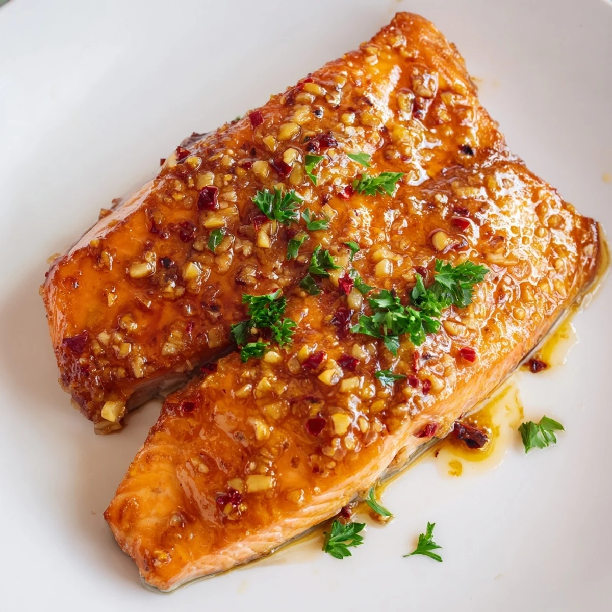 A close-up of Baked Salmon with Honey Garlic Glaze flaking easily with a fork, topped with minced garlic.