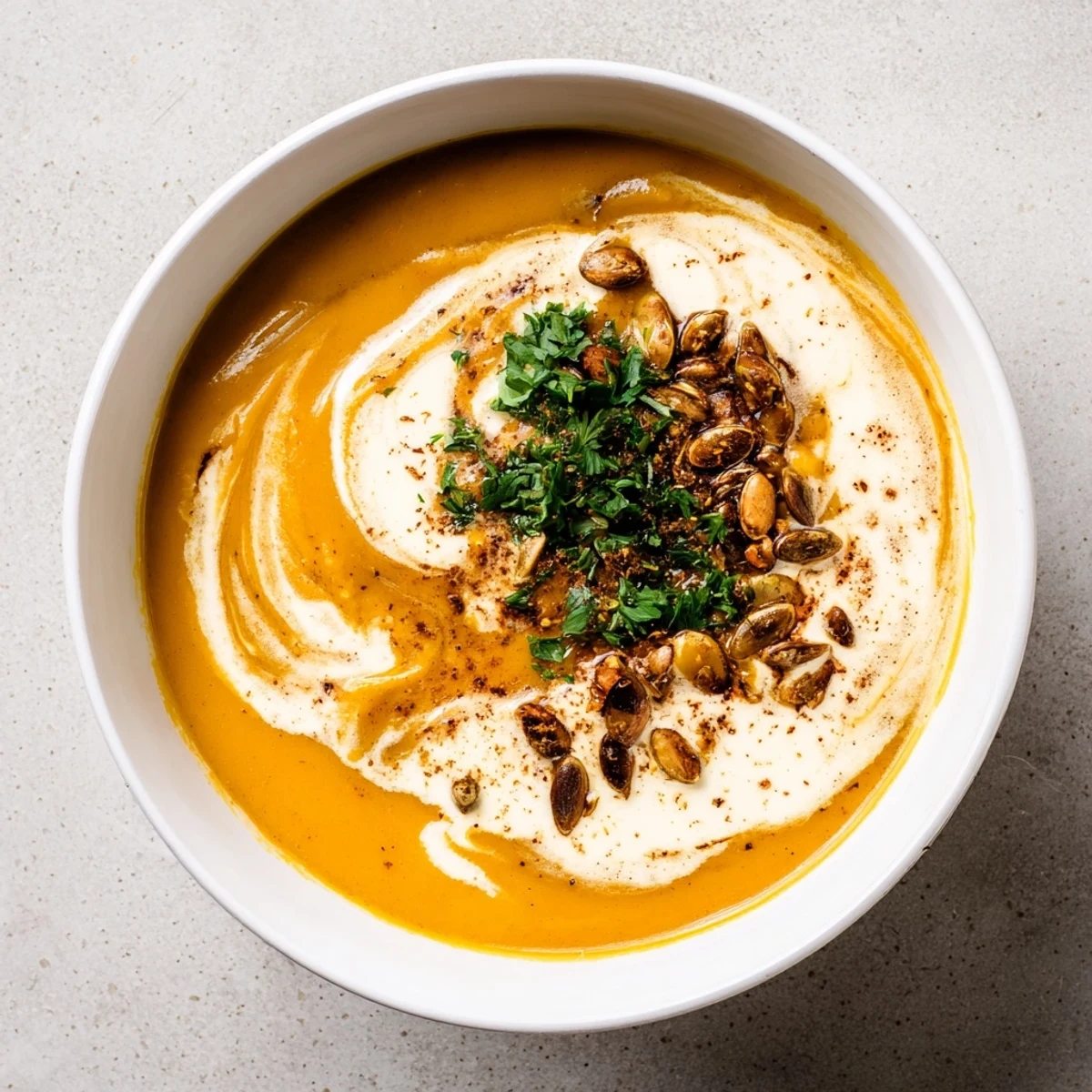 Creamy Pumpkin Soup with Pumpkin Seeds topped with toasted pepitas and parsley in a rustic bowl.