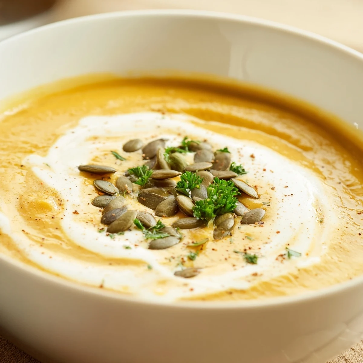 Velvety Creamy Pumpkin Soup with Pumpkin Seeds, rich orange puree topped with crunchy seeds for texture.