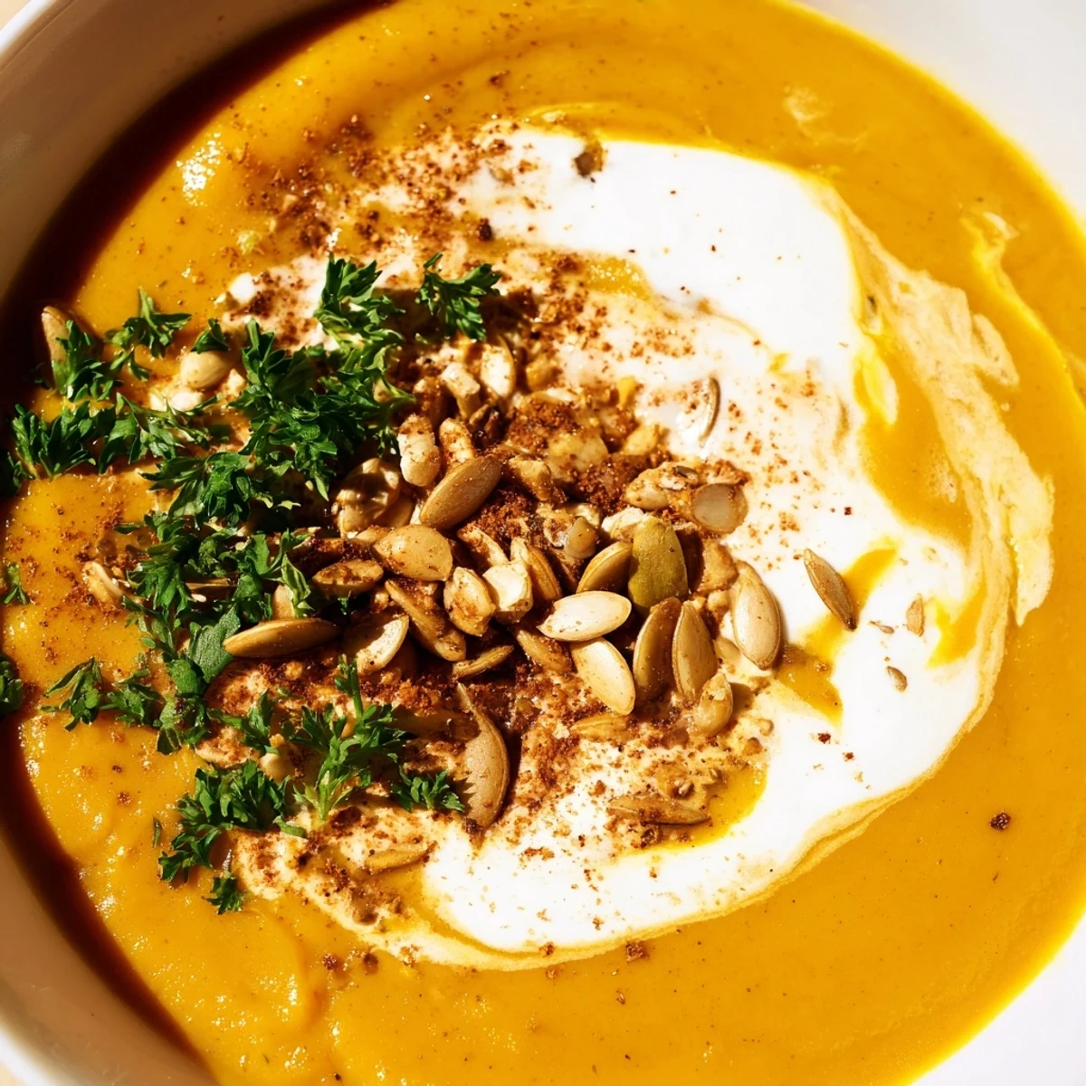 Creamy Pumpkin Soup with Pumpkin Seeds ladled into a white bowl, steam rising beside a chunk of bread.