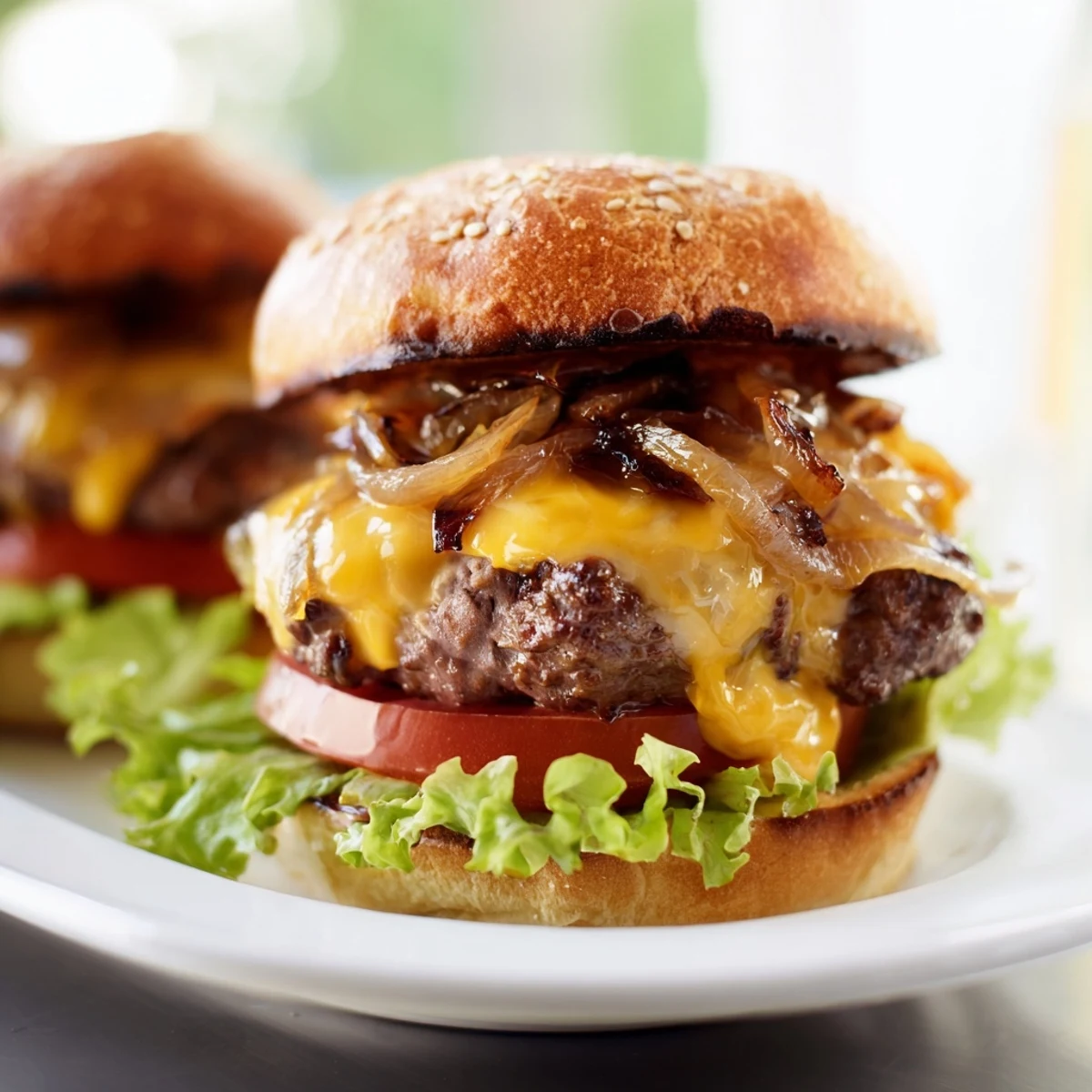 Golden-brown Beef Sliders with Caramelized Onions and Cheese on a serving platter, featuring melted cheddar and toasted buns.