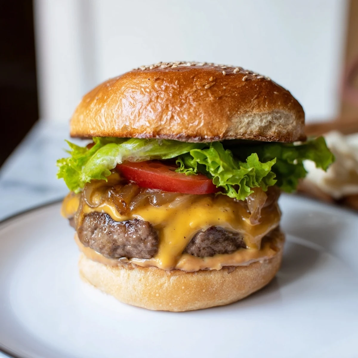 Sizzling Beef Sliders with Caramelized Onions and Cheese are assembled on a board, topped with sweet onions and gooey cheese.