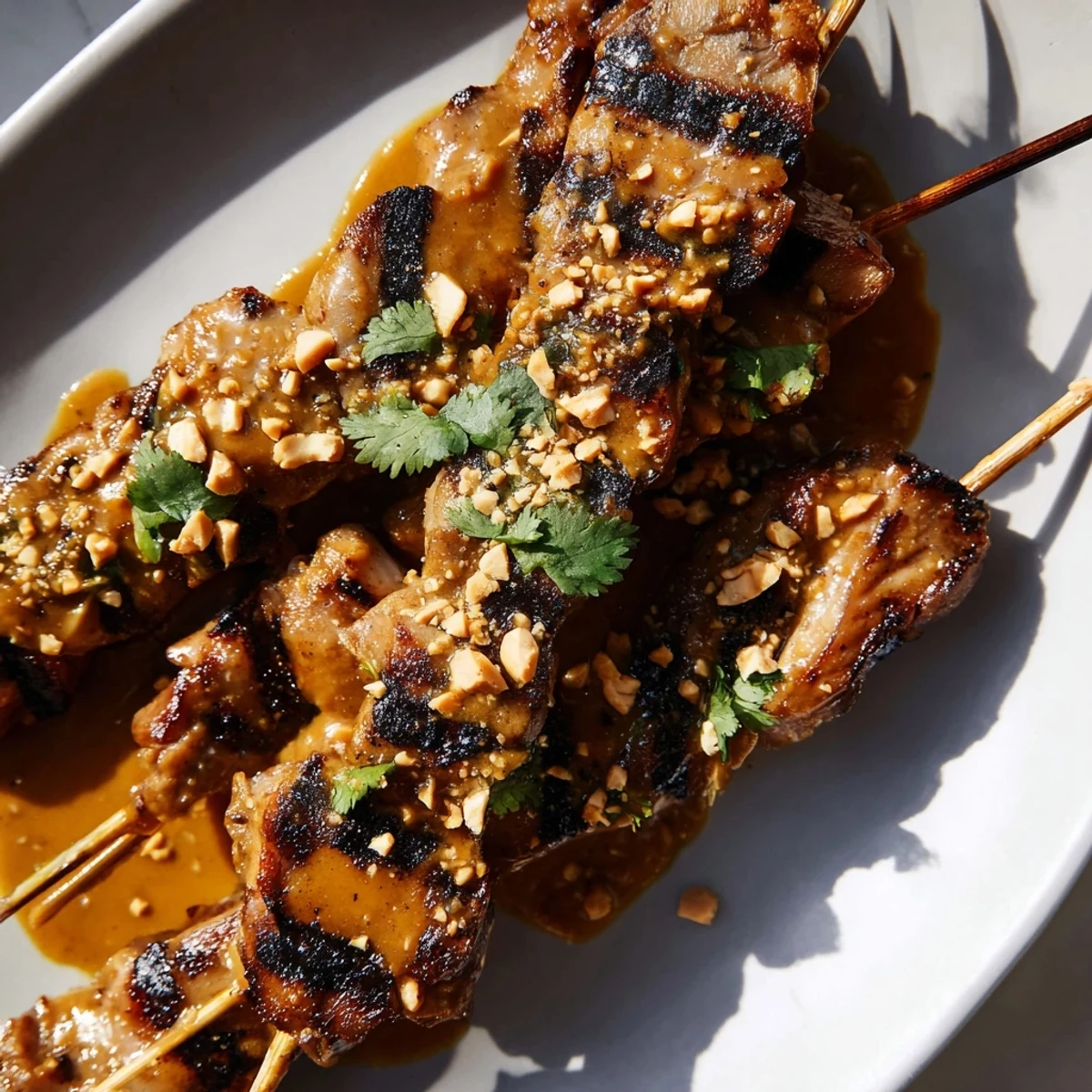 Grilled Chicken Satay Skewers with Peanut Dipping Sauce are served on a platter with fresh cilantro and lime wedges.