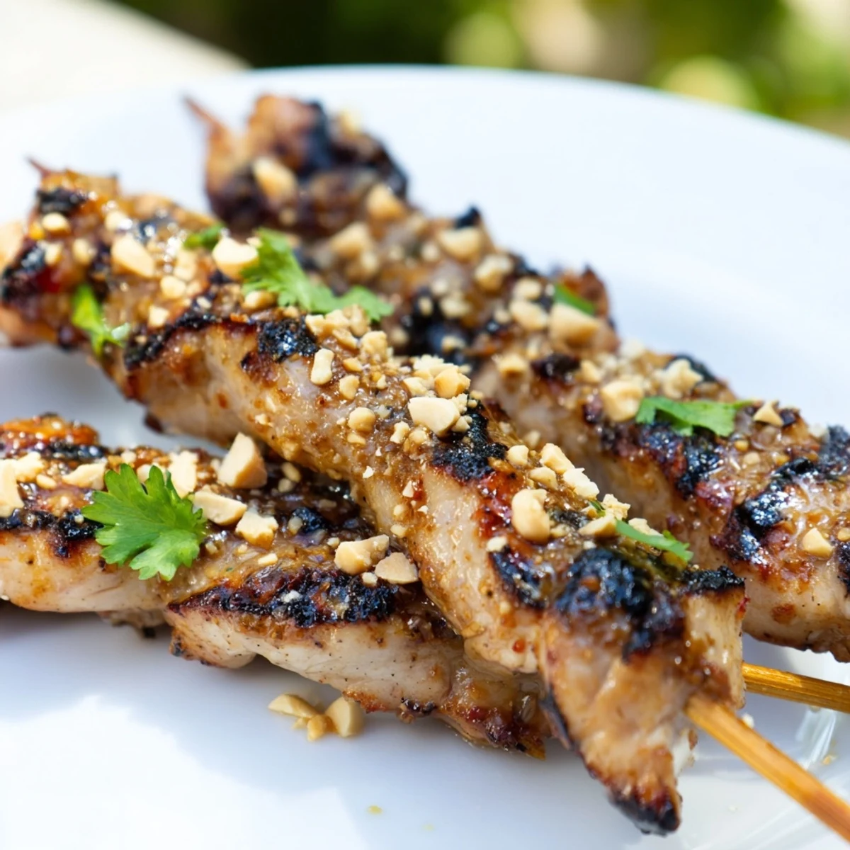 Sizzling Chicken Satay Skewers with Peanut Dipping Sauce are arranged over jasmine rice with cucumber salad for a main dish.