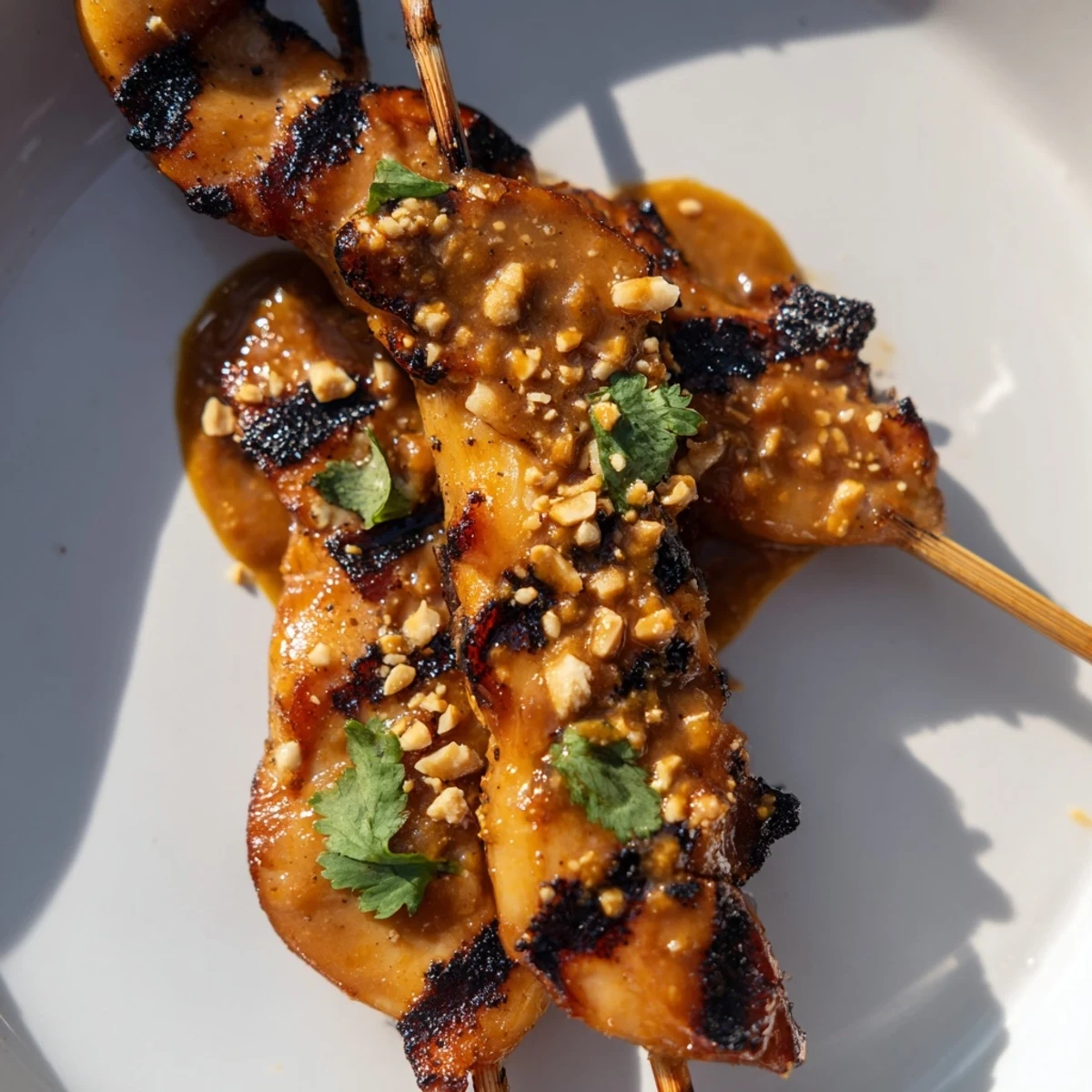 Juicy Chicken Satay Skewers with Peanut Dipping Sauce on bamboo sticks, garnished with crushed peanuts and fresh cilantro.