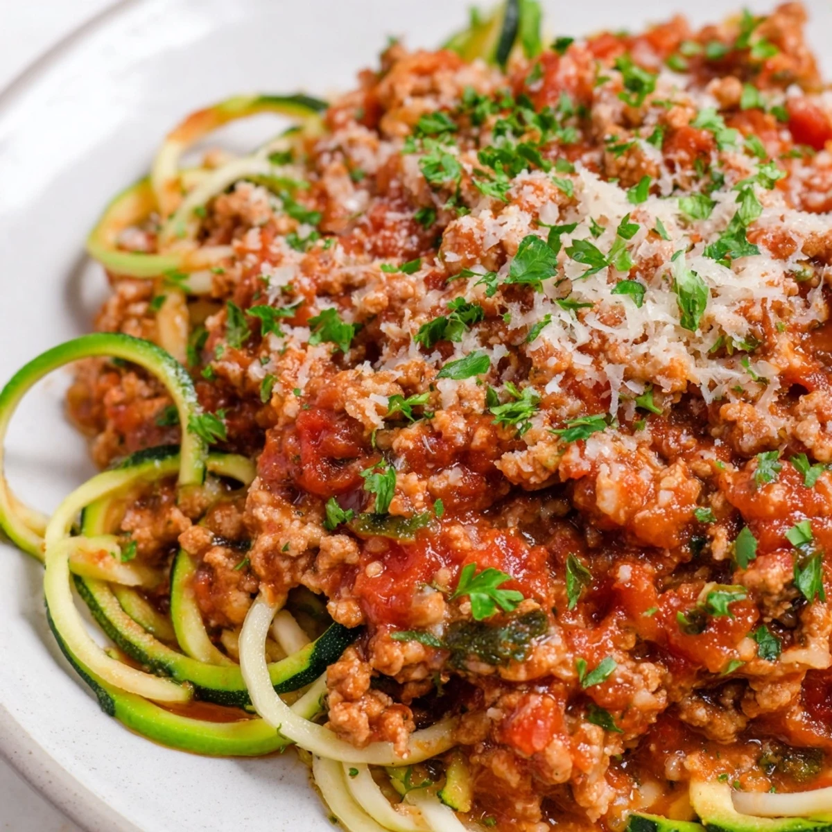 Close-up of Turkey Bolognese Sauce with Zucchini Noodles, featuring a rich, chunky tomato sauce over sautéed zoodles.