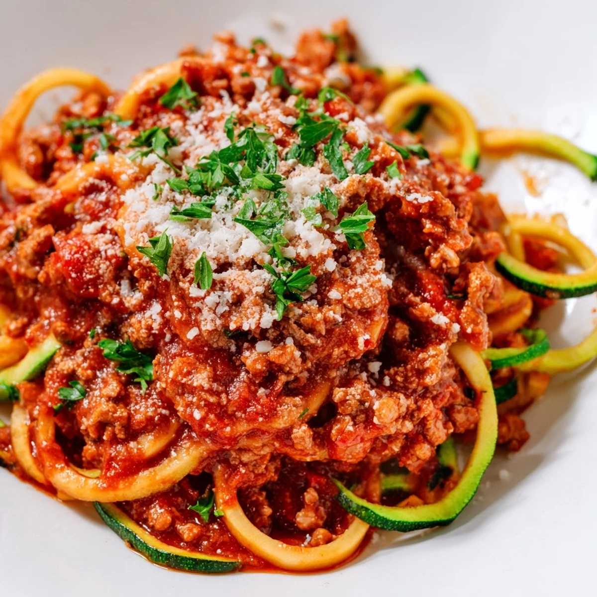 Turkey Bolognese Sauce with Zucchini Noodles served in a white bowl, topped with fresh parsley and grated Parmesan.
