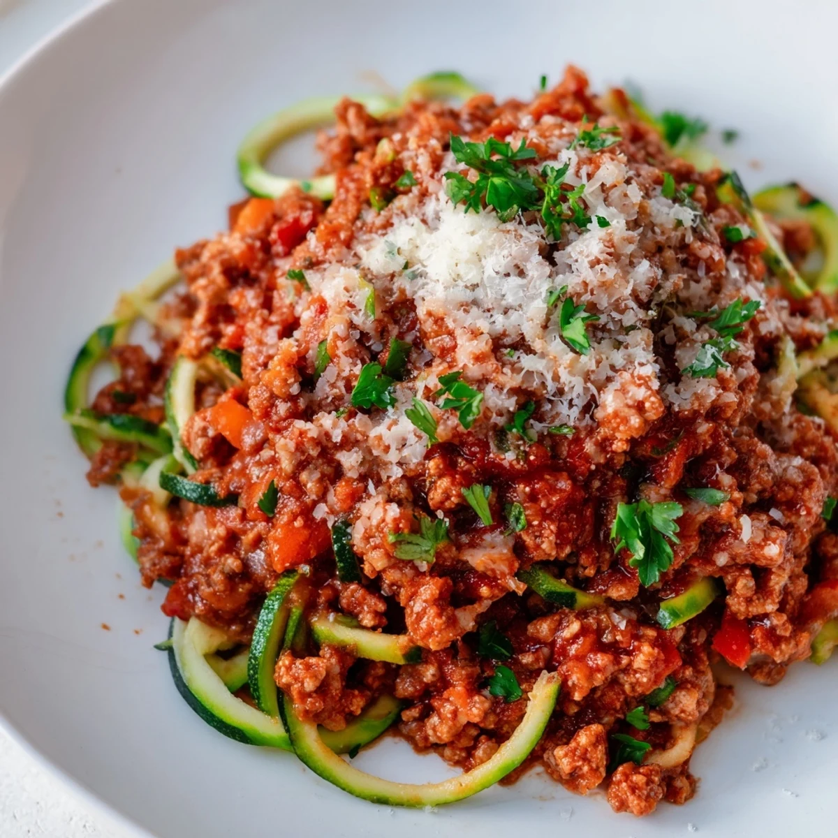 Turkey Bolognese Sauce with Zucchini Noodles garnished with fresh parsley, ready to serve for a low-carb family dinner.