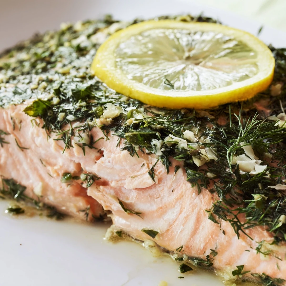 Tender Baked Salmon with Lemon and Herbs garnished with lemon wedges, served alongside colorful roasted vegetables.