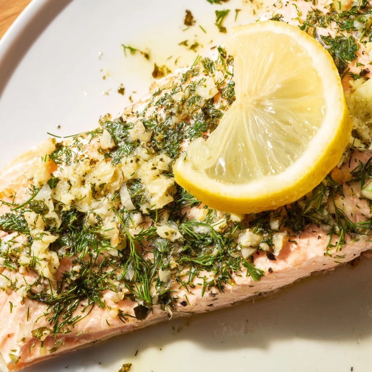 Perfectly cooked Baked Salmon with Lemon and Herbs, brushed with olive oil and herbs on a baking sheet.