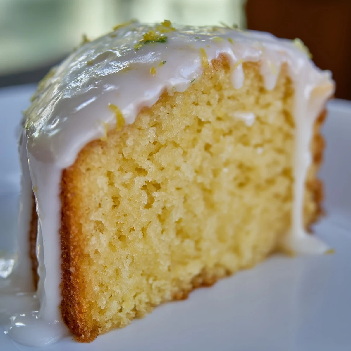 A close-up of a glazed lemon cake slice on a white plate, with bright yellow citrus zest and crumbs visible.