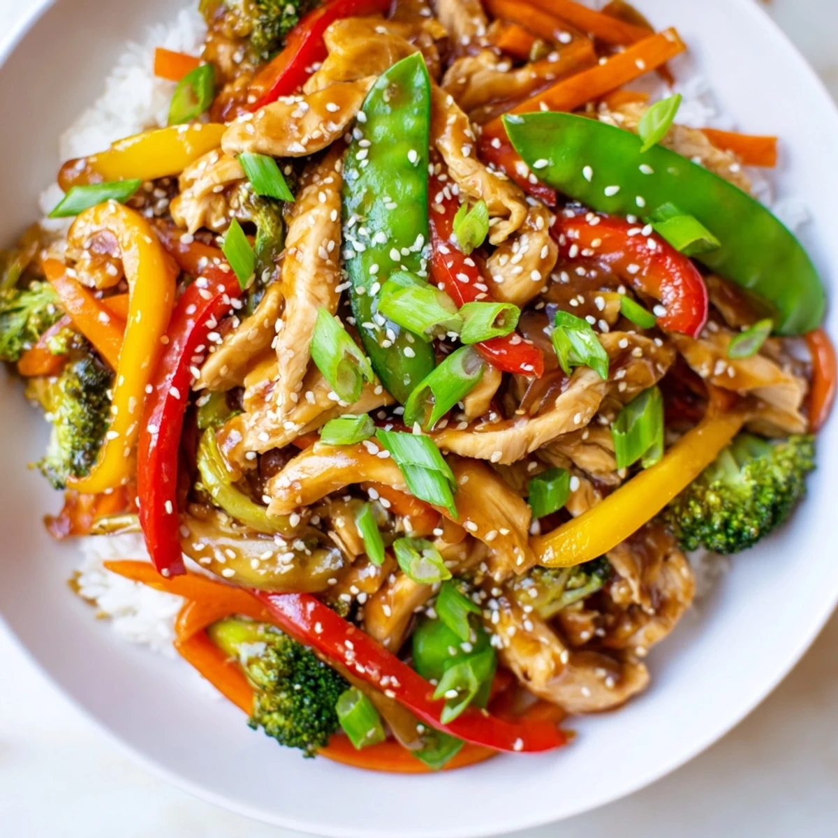 A close-up of Chicken Veggie Stir Fry served over steamed rice, with glazed chicken and crisp vegetables glistening in savory sauce.