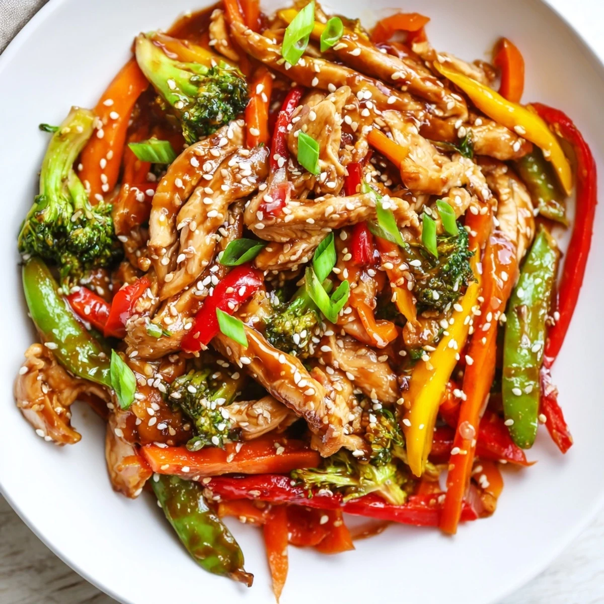 Chicken Veggie Stir Fry plated with spring onions and sesame seeds, highlighting tender chicken and vibrant crisp-tender vegetables.