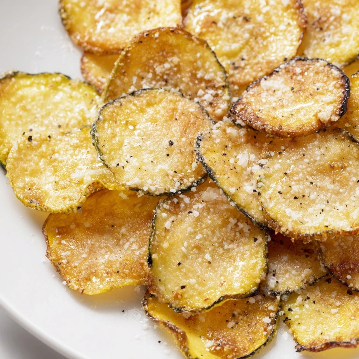 Golden-brown Crispy Zucchini Chips arranged on a plate with a creamy dip and fresh herbs.